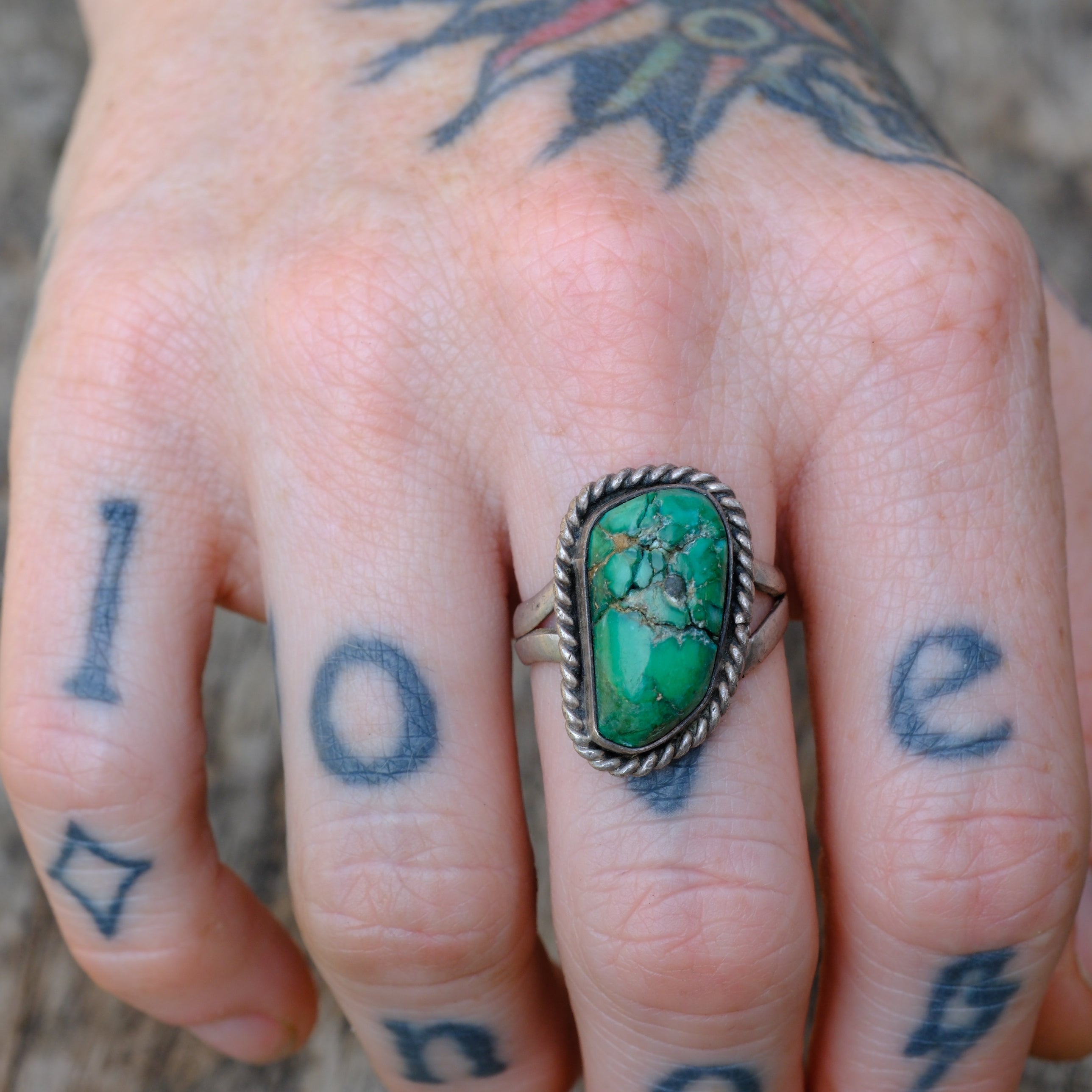 Vintage Sterling Turquoise Roper Ring 7.75