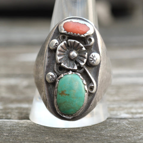 Vintage Sterling Turquoise and Coral Ring 13