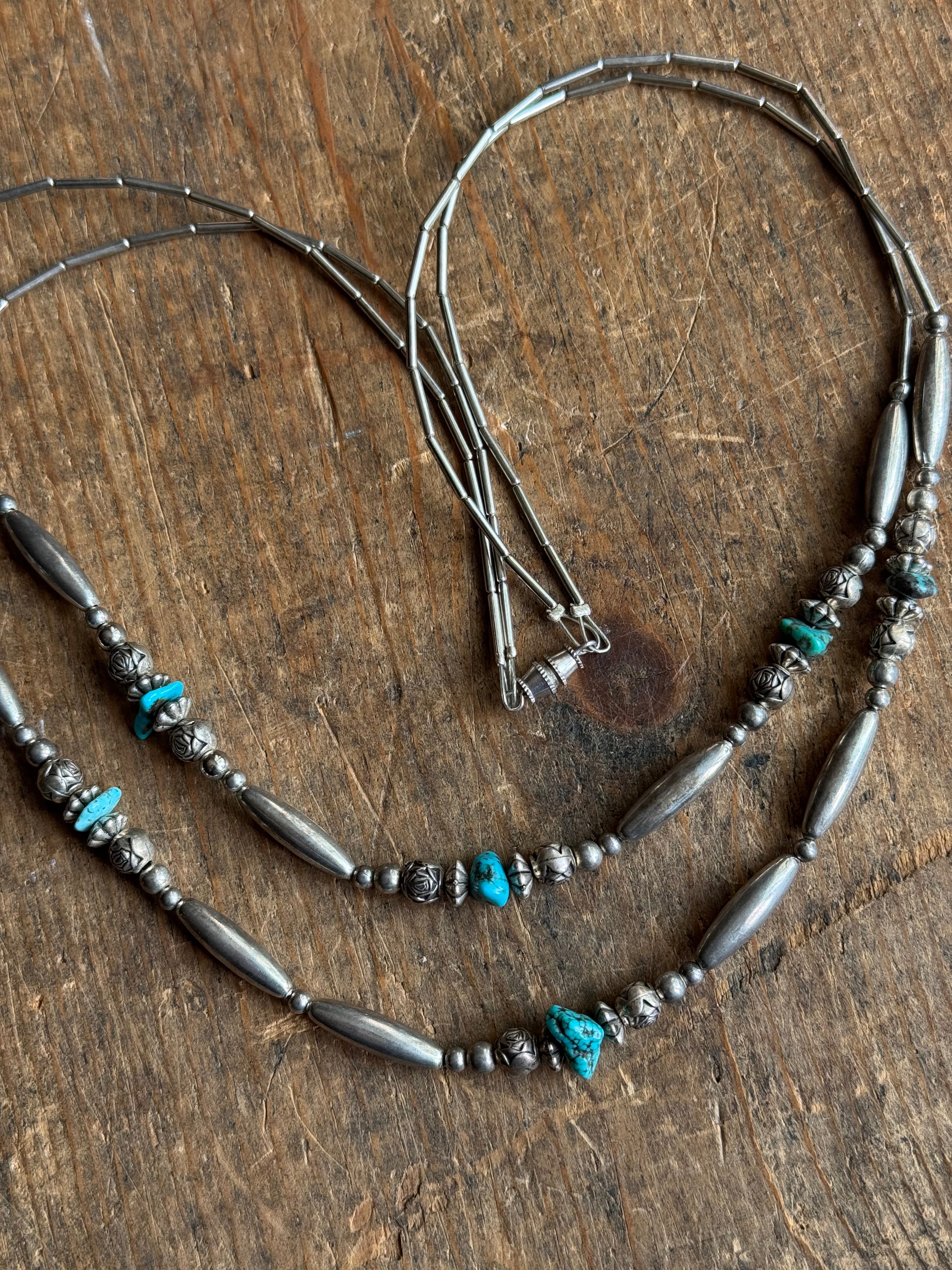 Vintage Raw Turquoise & Sterling Silver Double Strand Liquid Silver Beaded Necklace