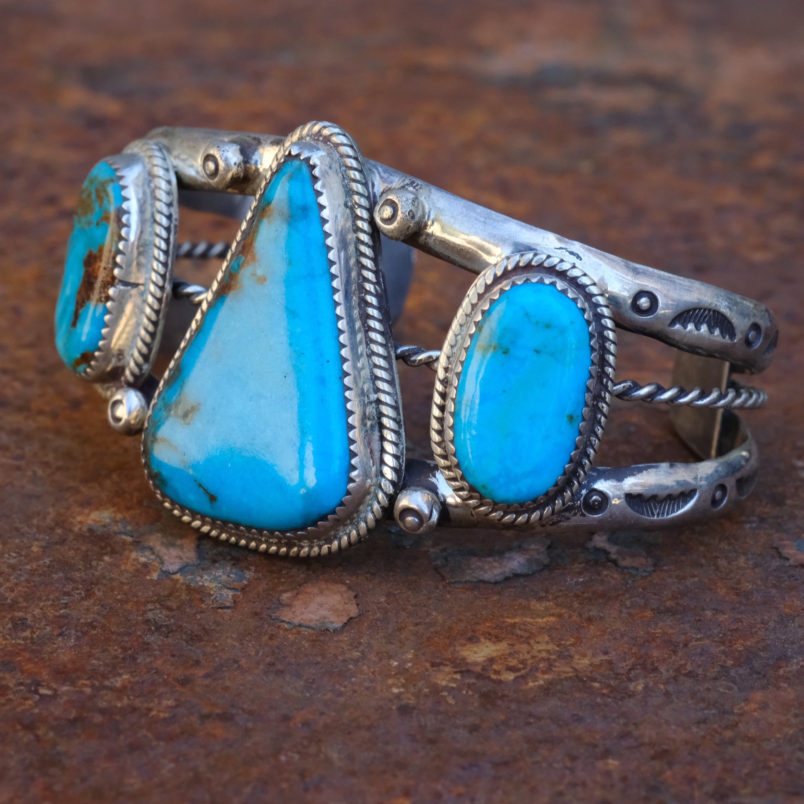 Huge Vintage Sterling 3-Stone Turquoise Cuff Bracelet