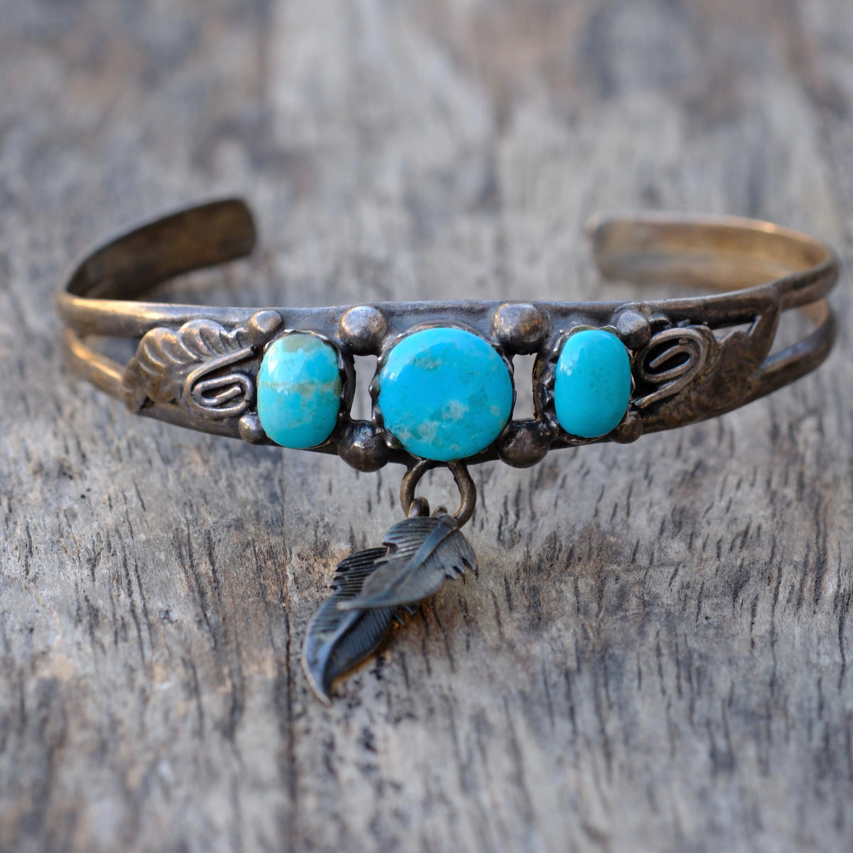 Vintage Sterling Turquoise Feather Cuff Bracelet
