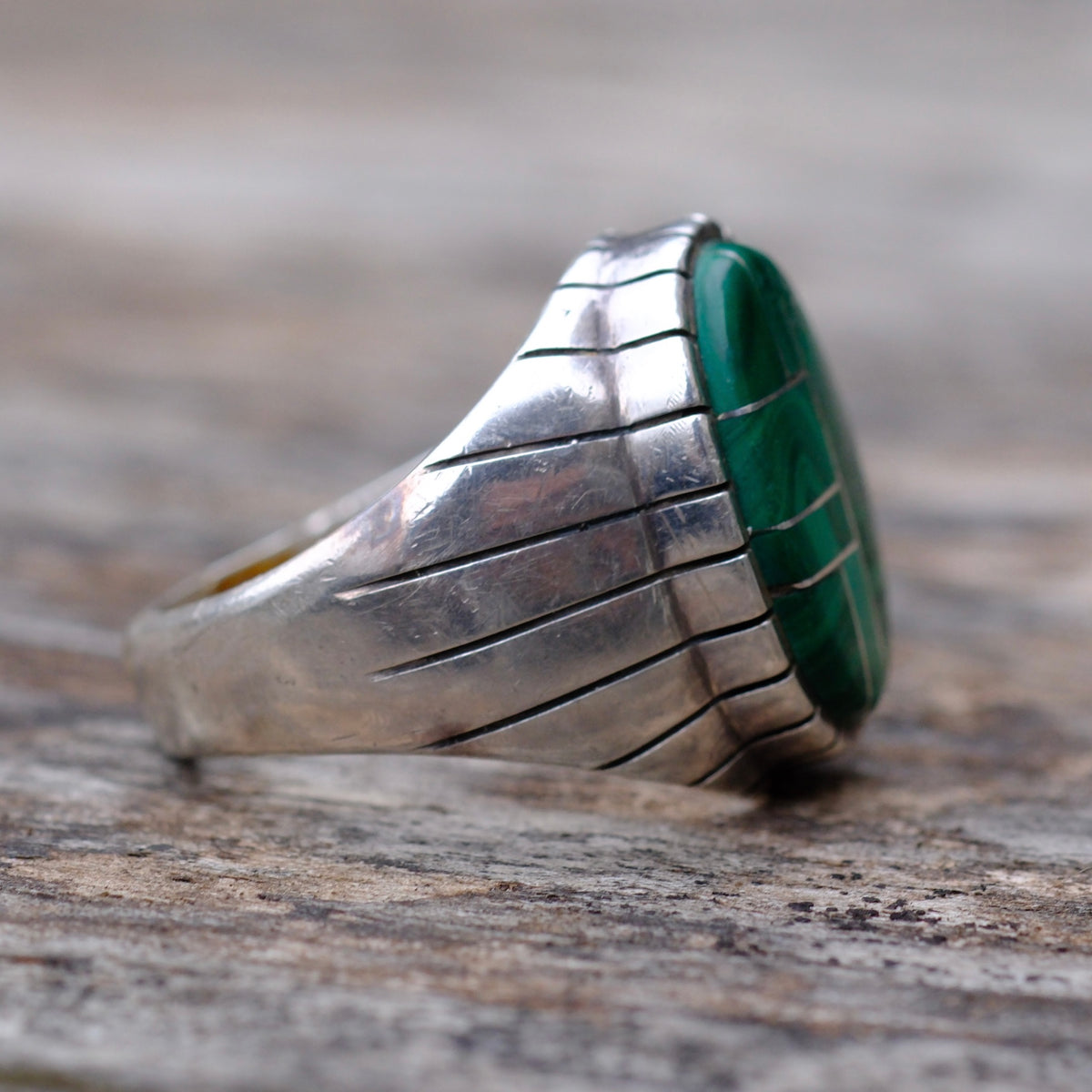 Vintage Sterling Malachite Inlay Ring 8.75