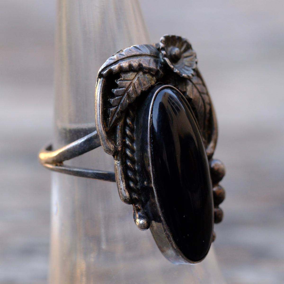 Vintage Sterling Onyx Feather Ring 6.5