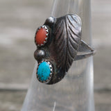 Vintage Sterling Turquoise and Coral Feather Ring 5.75