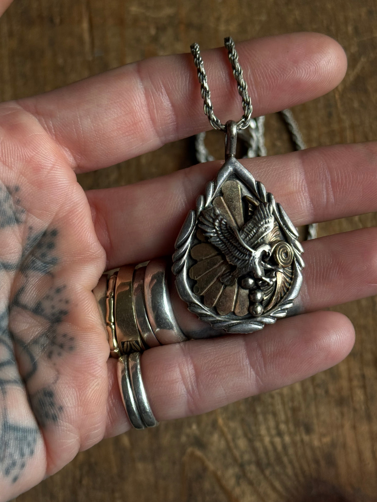 Vintage Sterling Silver & Brass Eagle Necklace