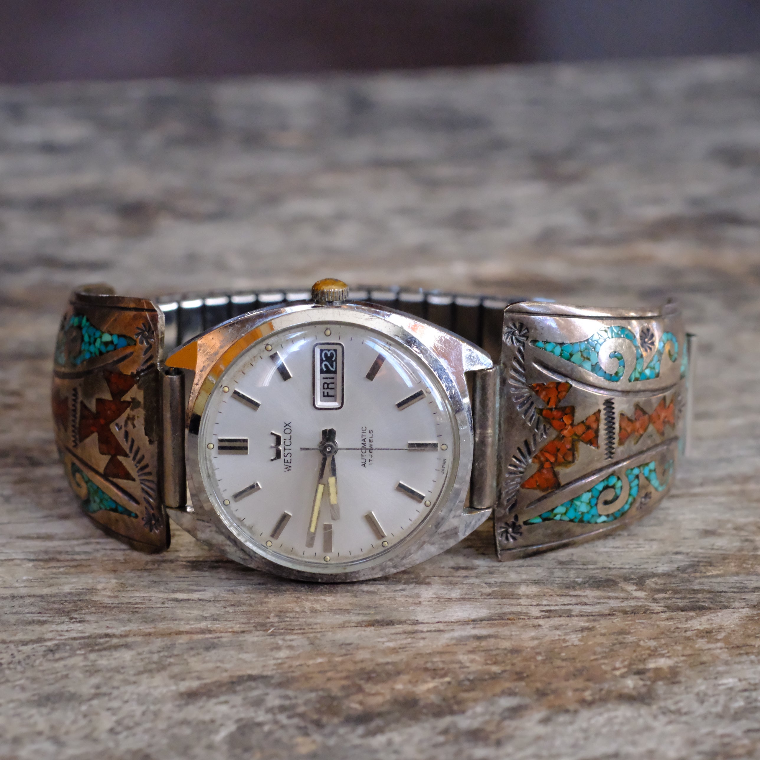 Vintage Sterling Crushed Turquoise and Coral Inlay Ring