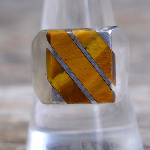 Vintage Sterling Tigers Eye Inlay Striper Ring 9.75