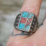 Vintage Sterling Turquoise and Coral Inlay Ring 6.75
