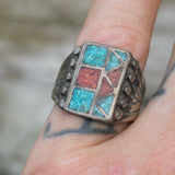 Vintage Sterling Turquoise and Coral Inlay Ring 6.75
