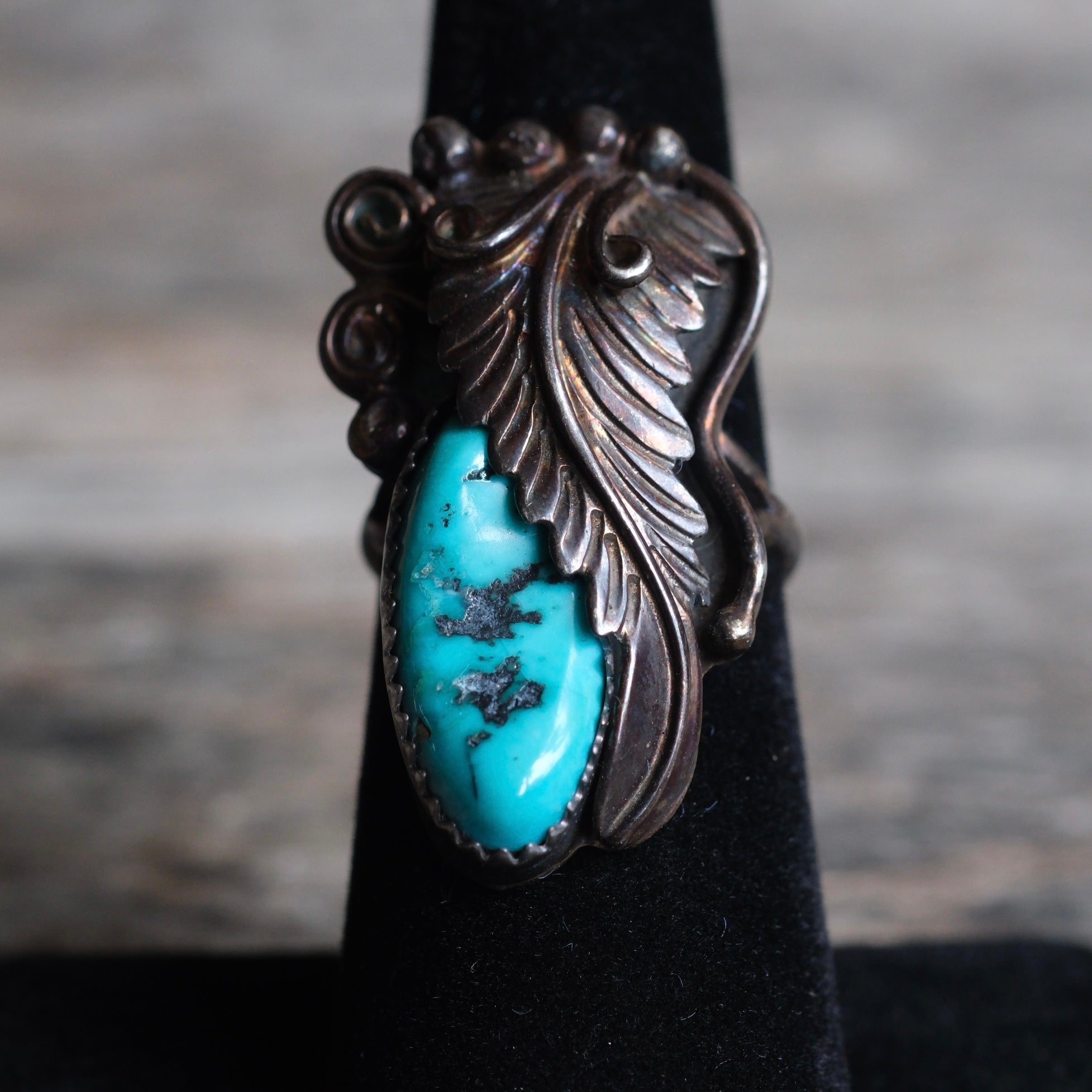 Vintage Sterling Turquoise Feather Ring 6.25
