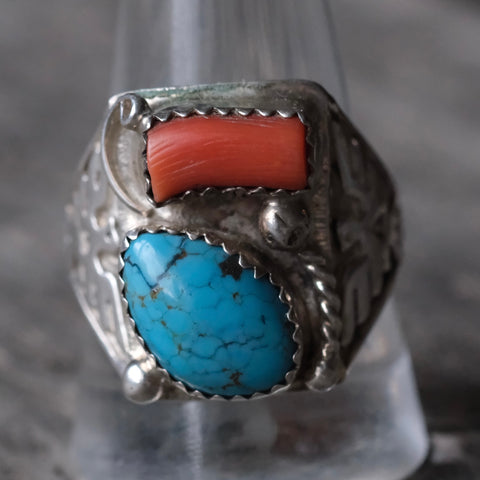 Vintage Sterling Turquoise and Coral Thunderbird Ring 12.25