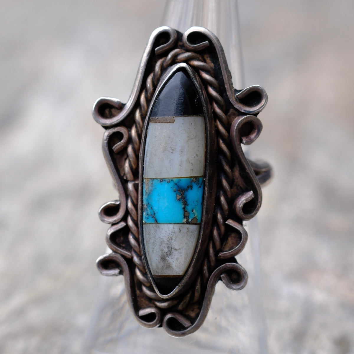 Vintage Sterling Multi Stone Inlay Ring 5.5