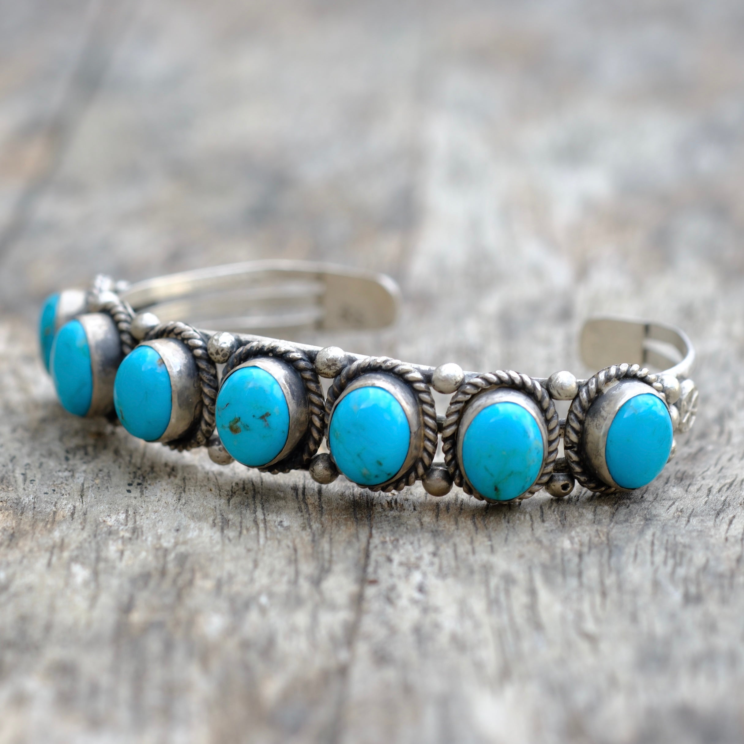 Vintage Sterling 7-Stone Turquoise Cuff Bracelet Running Bear