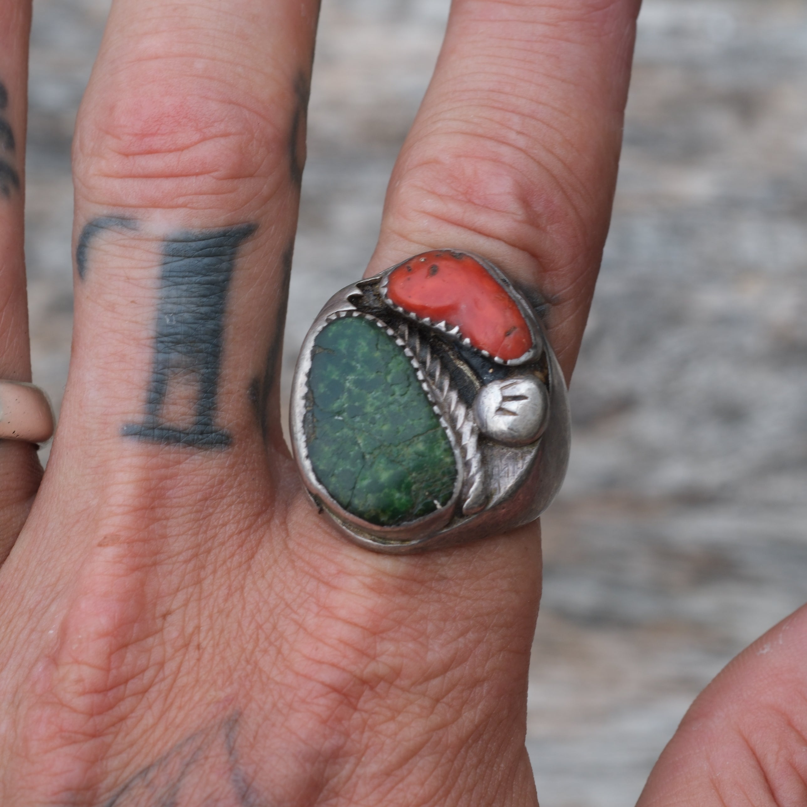 Vintage Sterling Turquoise and Coral Ring 10