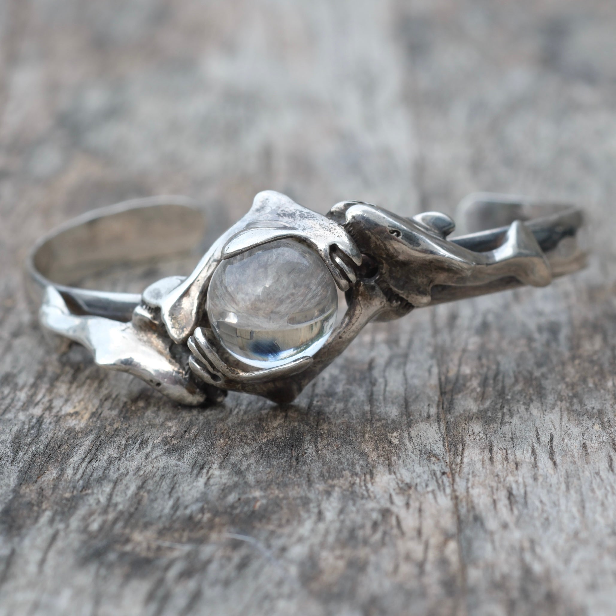 Vintage Sterling Crystal Dolphin Cuff Bracelet