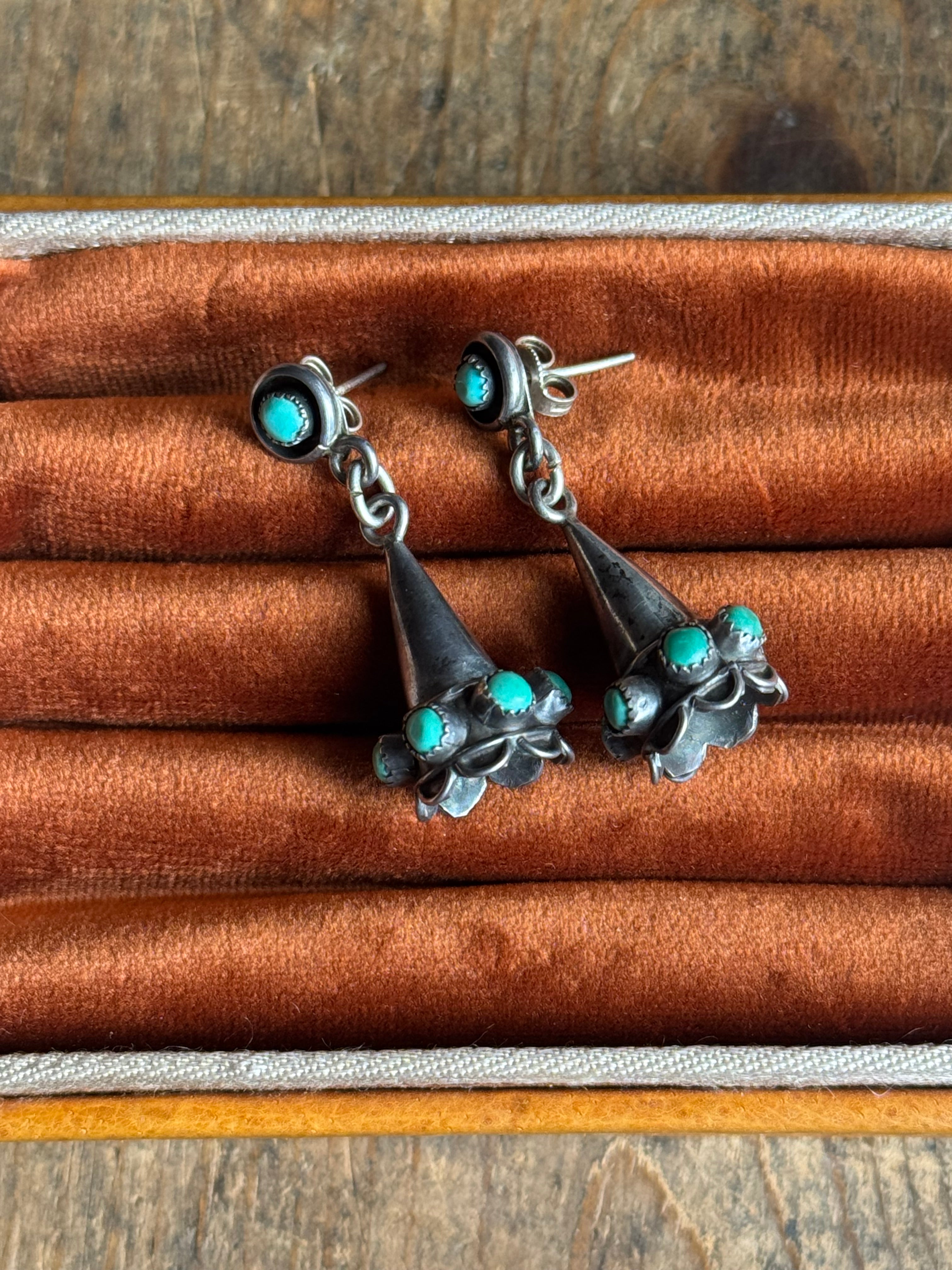 Vintage Sterling Silver Turquoise Snake Eye Bell Earrings