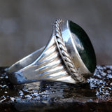 Vintage Sterling Green Jasper Ribbed Band Ring 11.5