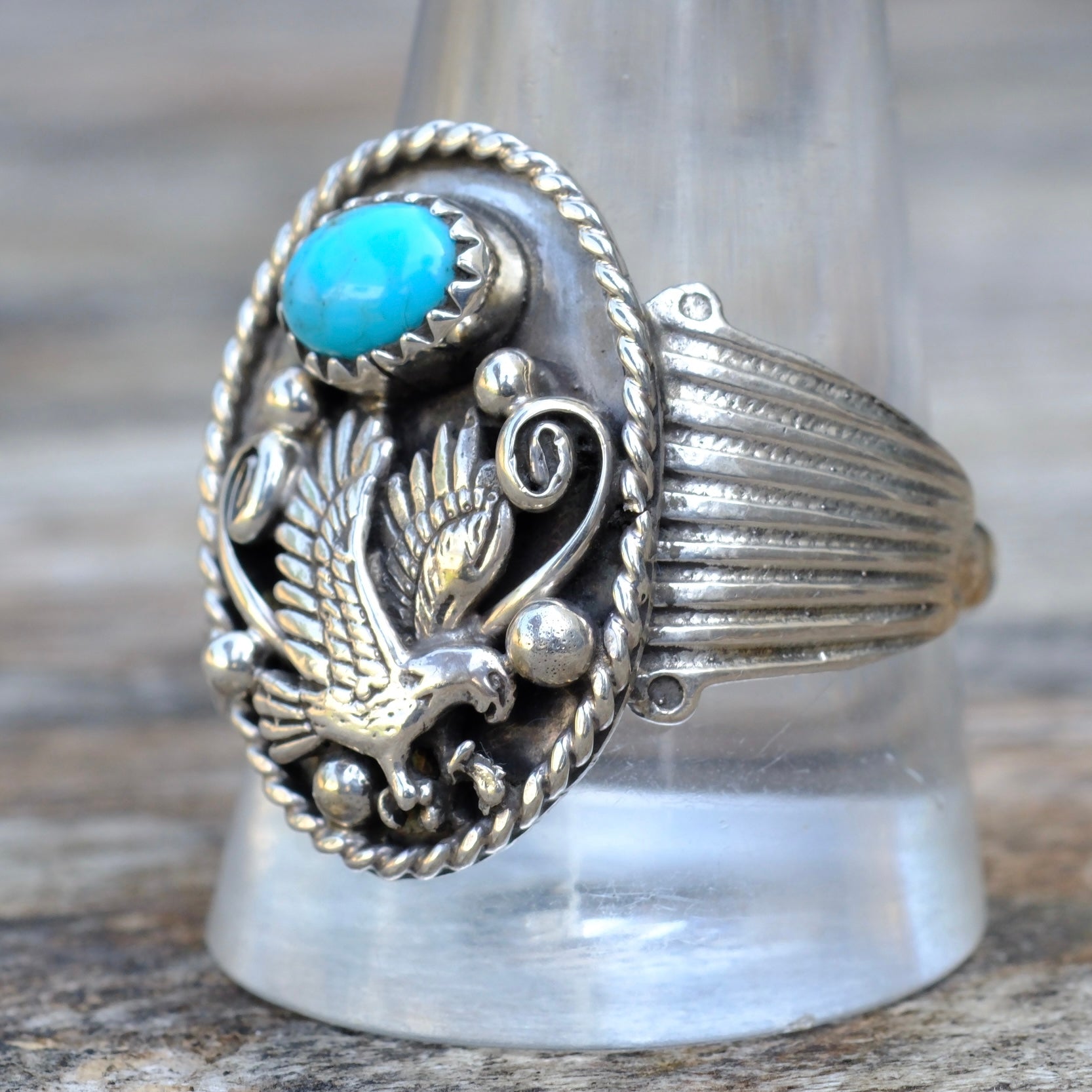 Vintage Sterling Turquoise Eagle Ring 12.5
