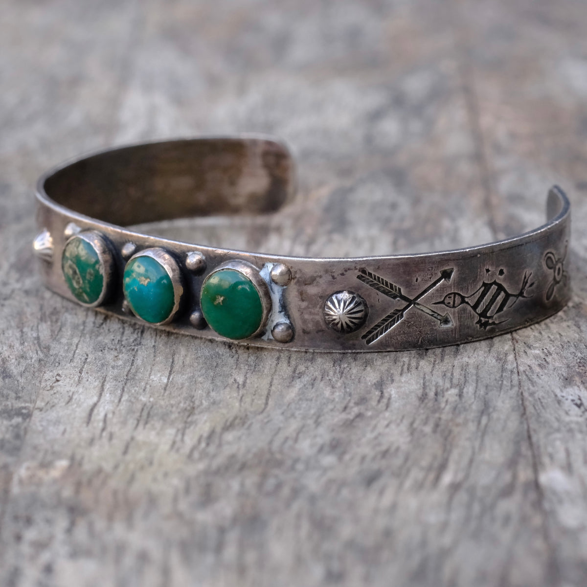 Vintage Sterling 3-Stone Turquoise Stamped Cuff Bracelet