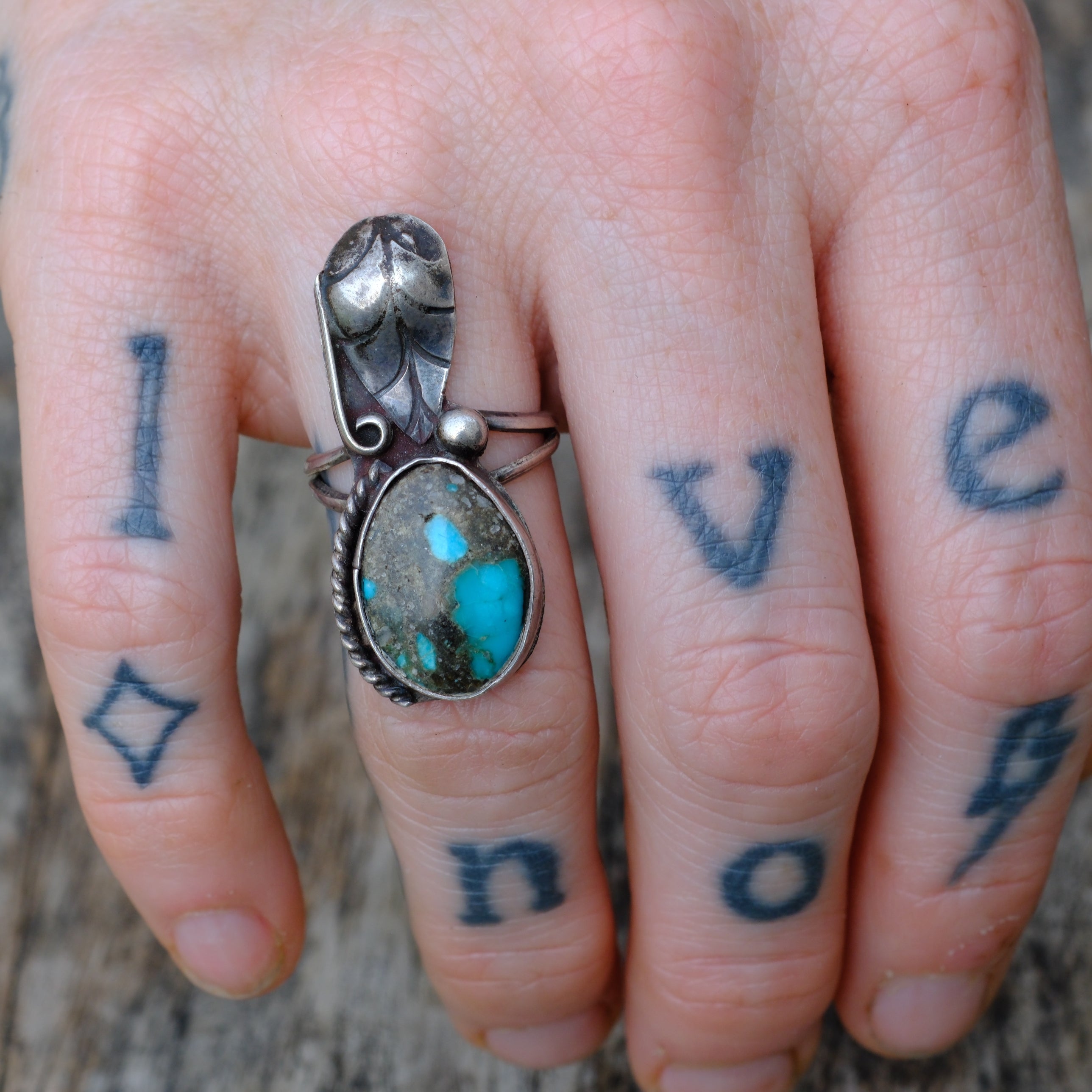 Vintage Sterling Turquoise FeatherRing 5.25