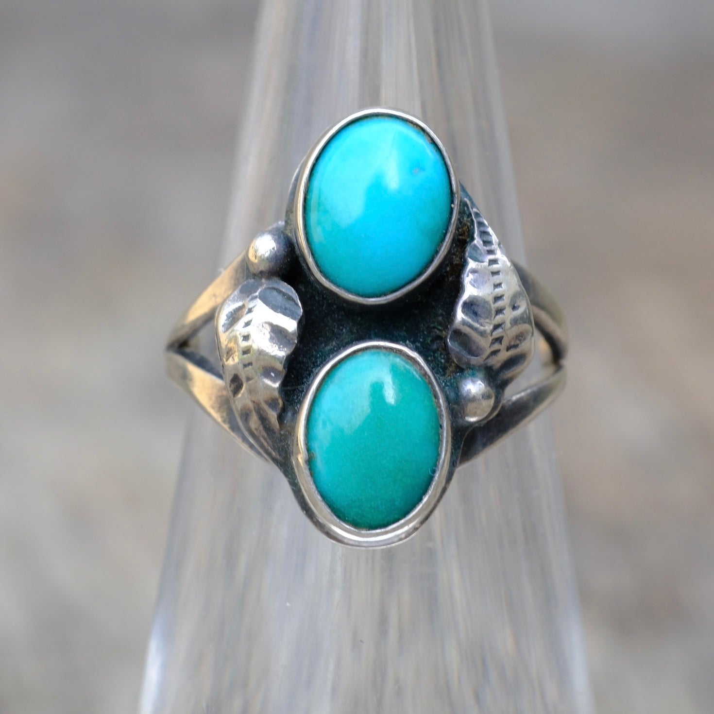 Vintage Sterling 2-Stone Turquoise Feather Ring 4.5