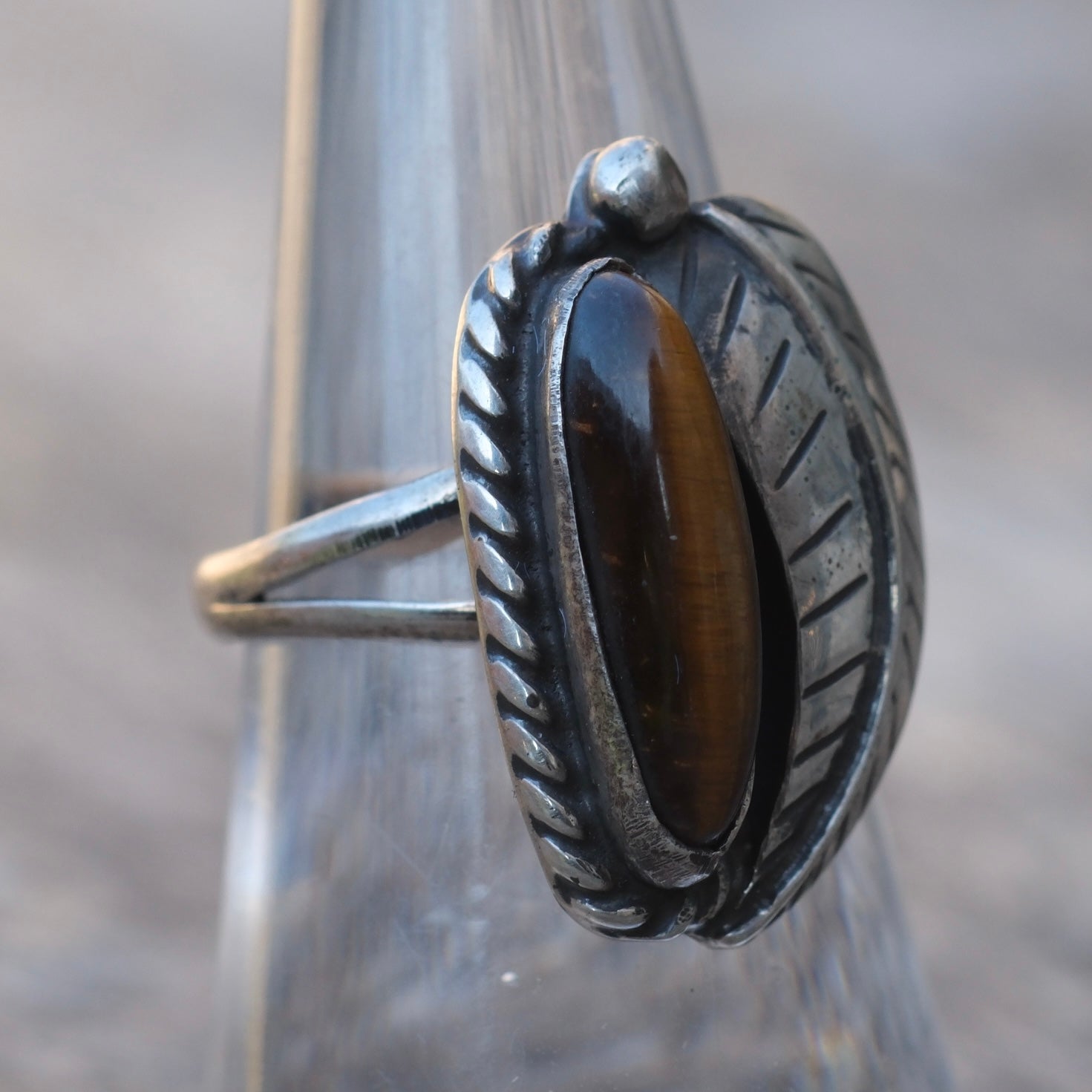 Vintage Sterling Tigers Eye Feather Ring 6.5