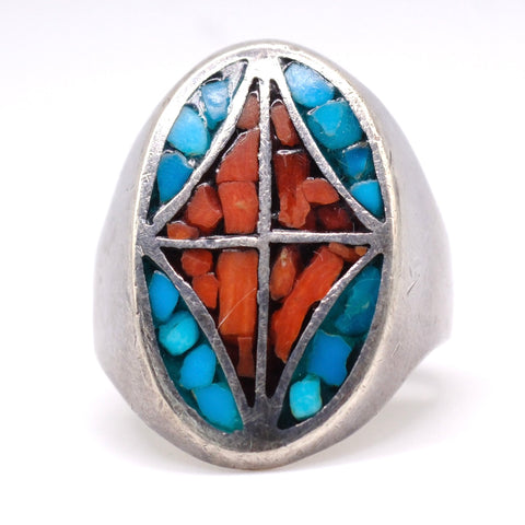 Vintage Sterling Turquoise and Coral Inlay Ring 8