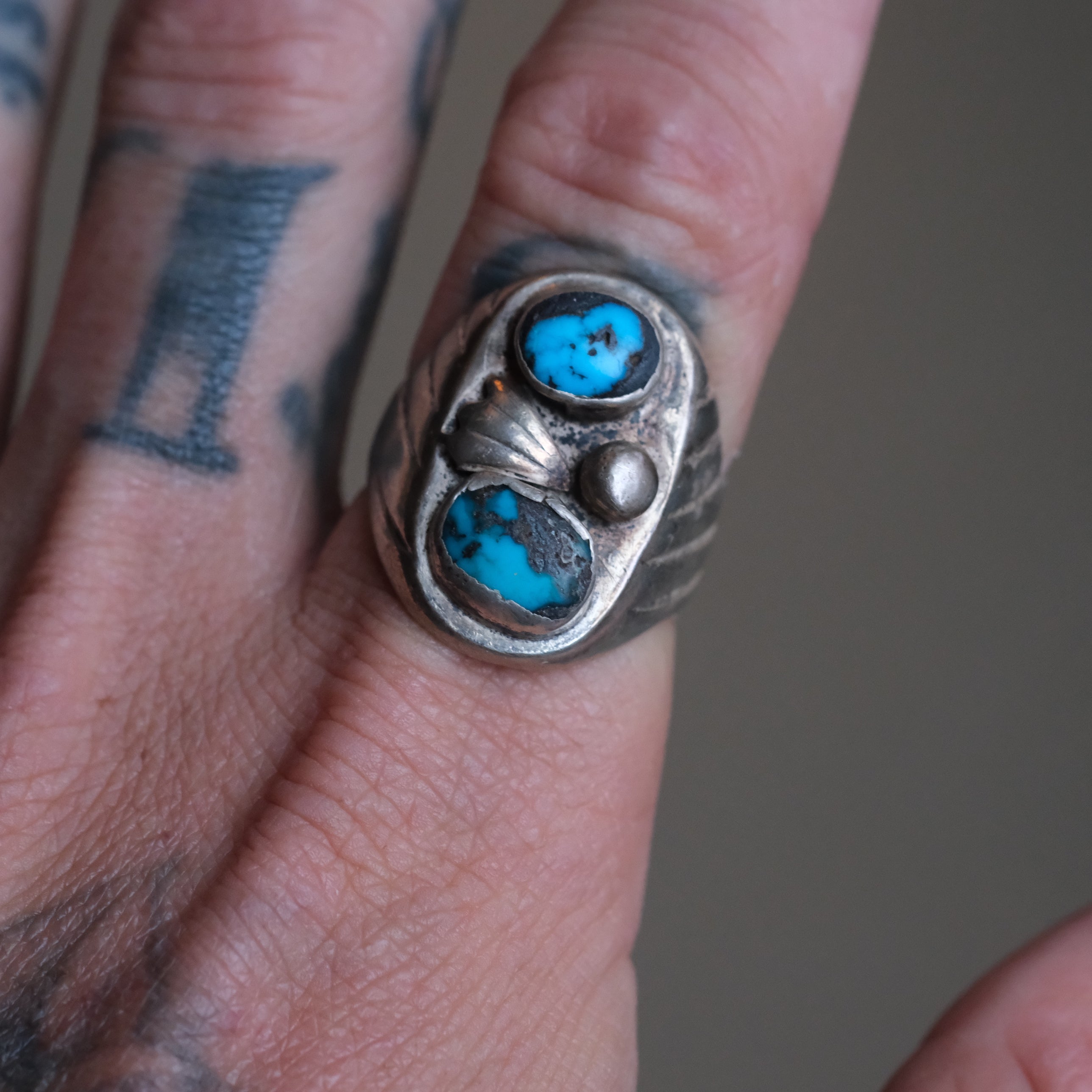 Vintage Sterling 2-Stone Turquoise Ring 9.5