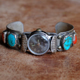 Vintage Sterling Turquoise and Coral Watch Cuff Bracelet