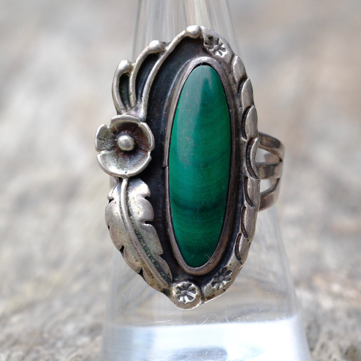 Vintage Sterling Malachite Feather Ring 7.5