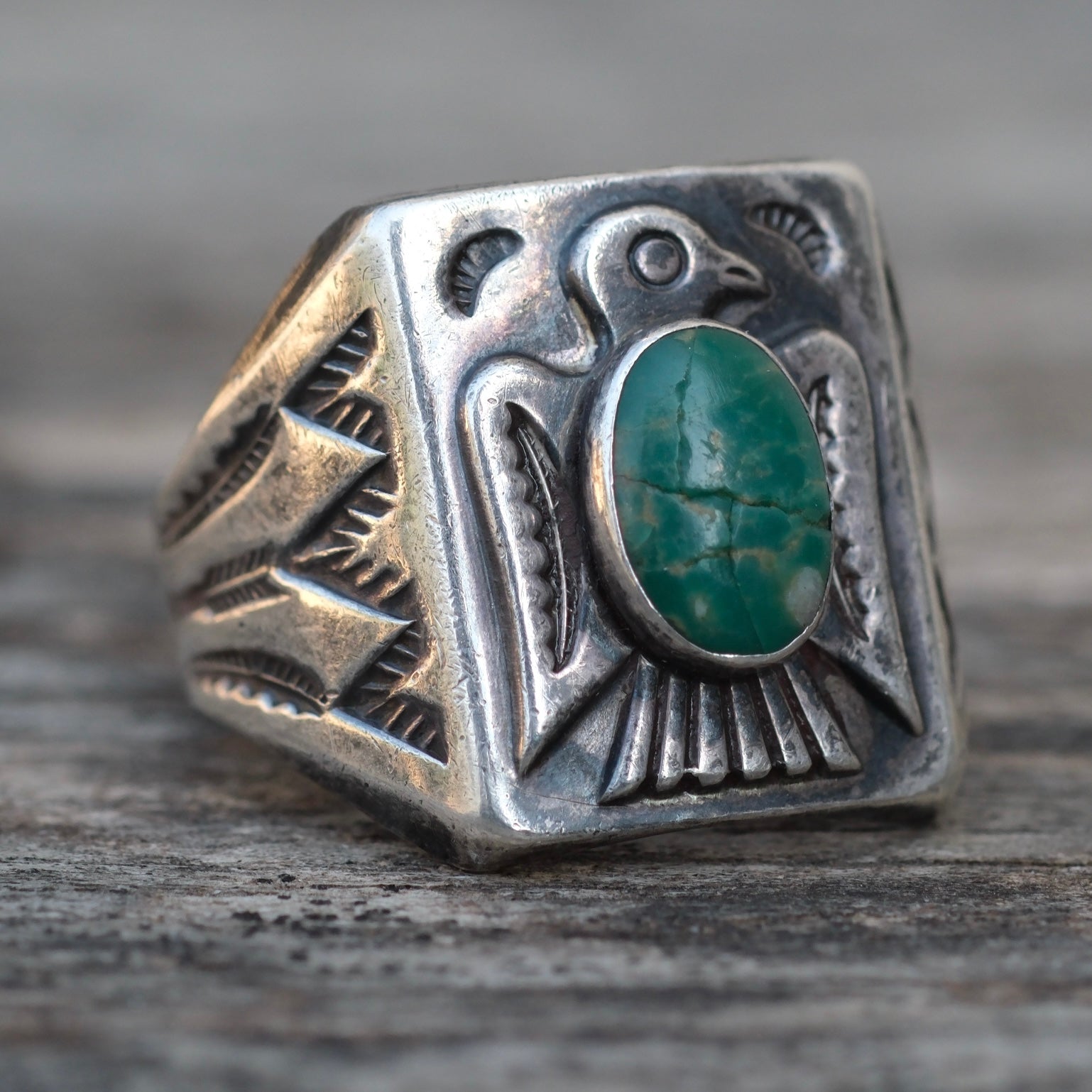 Vintage Sterling Bells Trading Post Turquoise Thunderbird Ring 10