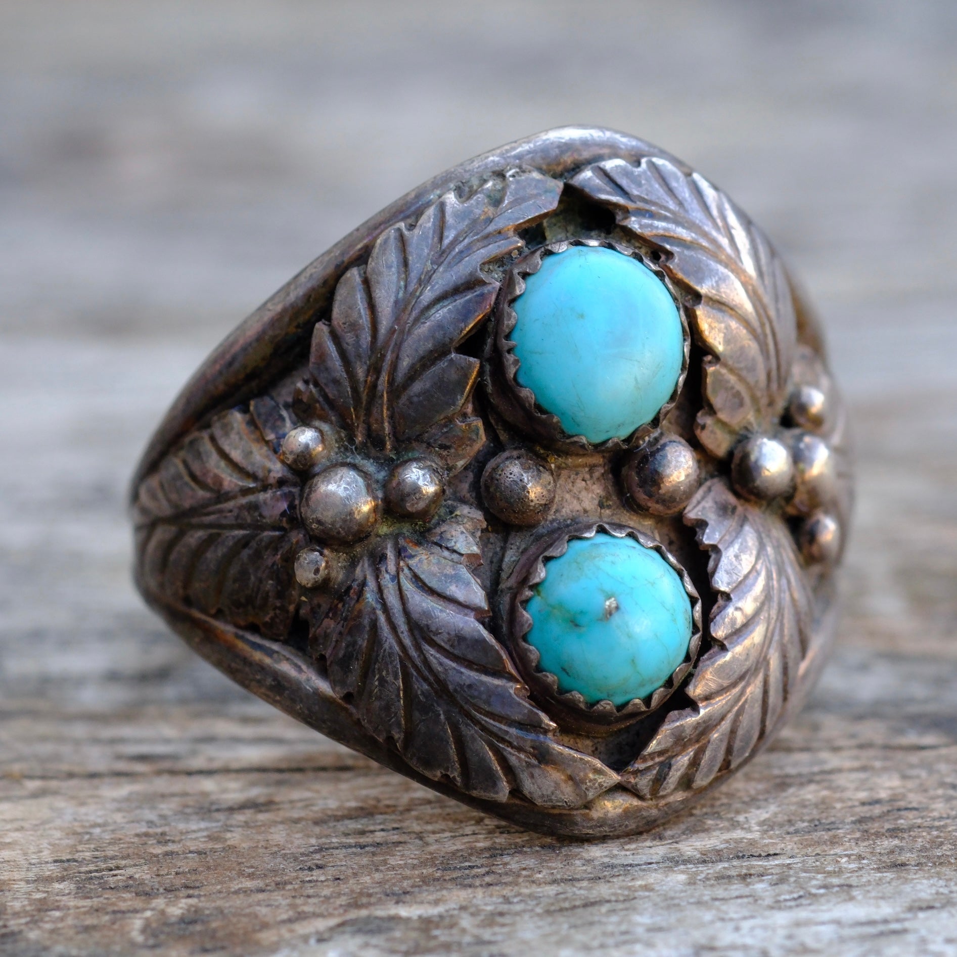 Vintage Sterling 2-Stone Turquoise Feather Ring 13.5