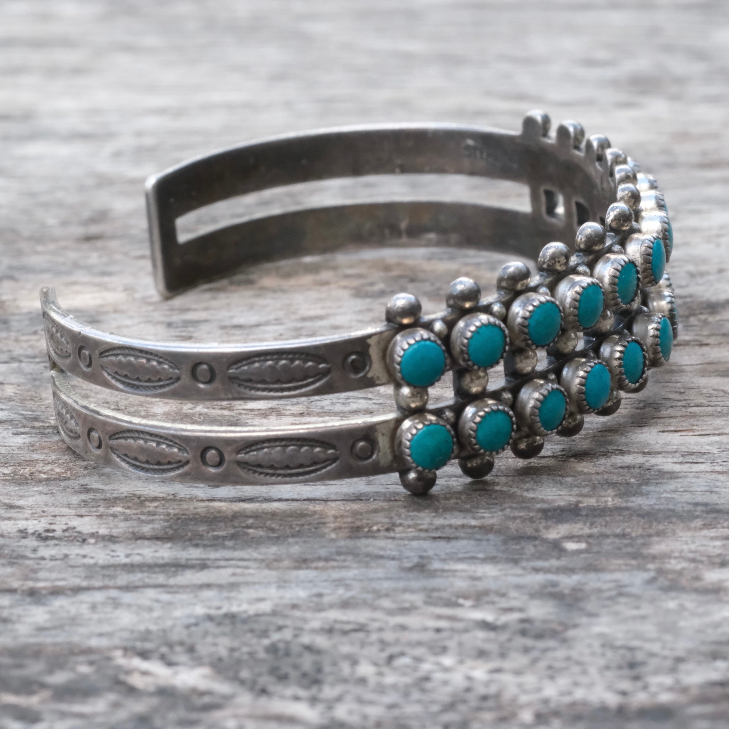 Vintage Sterling Double Row Snake Eye Turquoise Cuff Bracelet