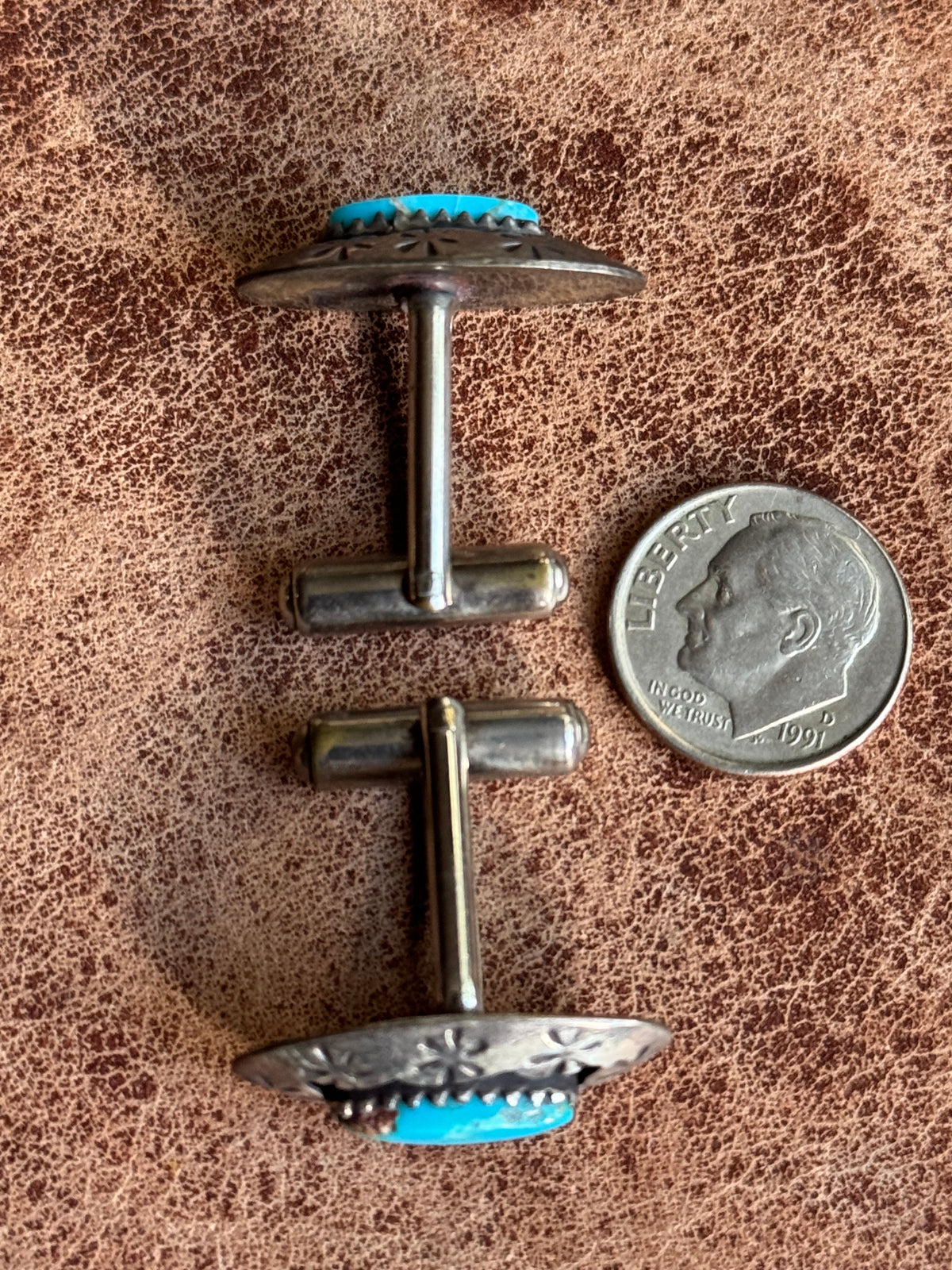 Vintage Sterling Silver Stamped Turquoise Shadowbox Cufflinks