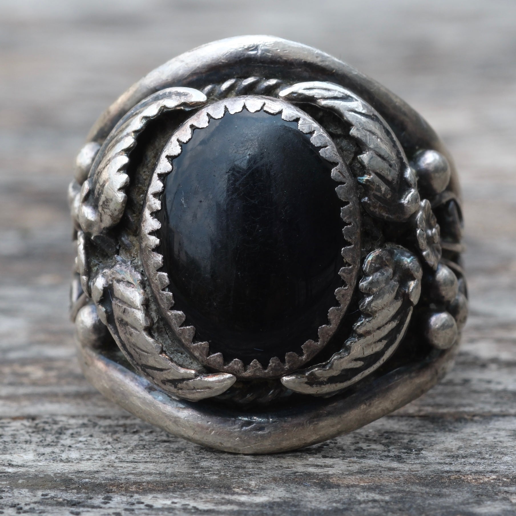 Vintage Sterling Onyx Feather Ring 11