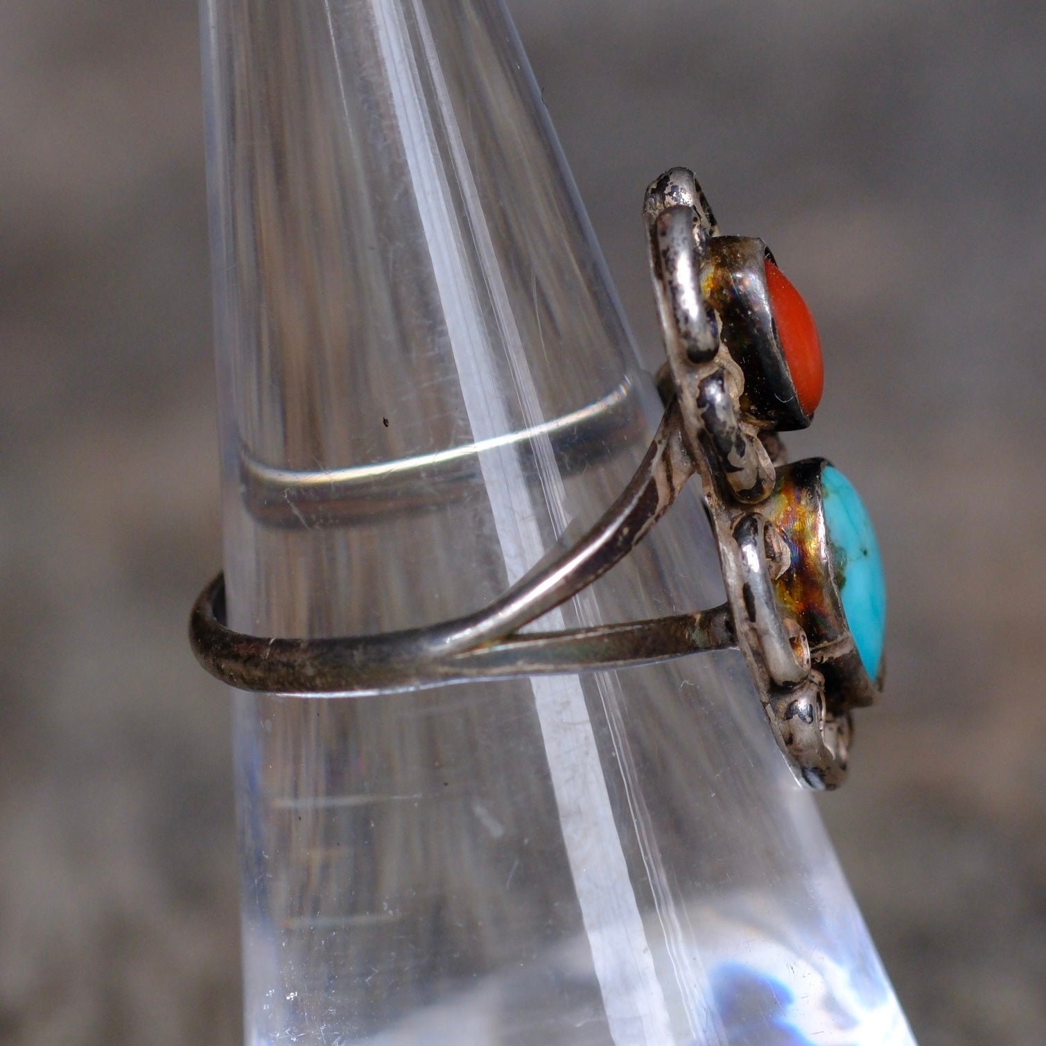 Vintage Sterling Turquoise and Coral Ring 5.75