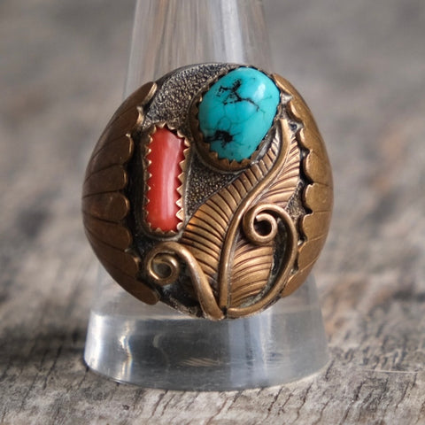 Vintage Sterling and Brass Turquoise and Coral Ring 11.75