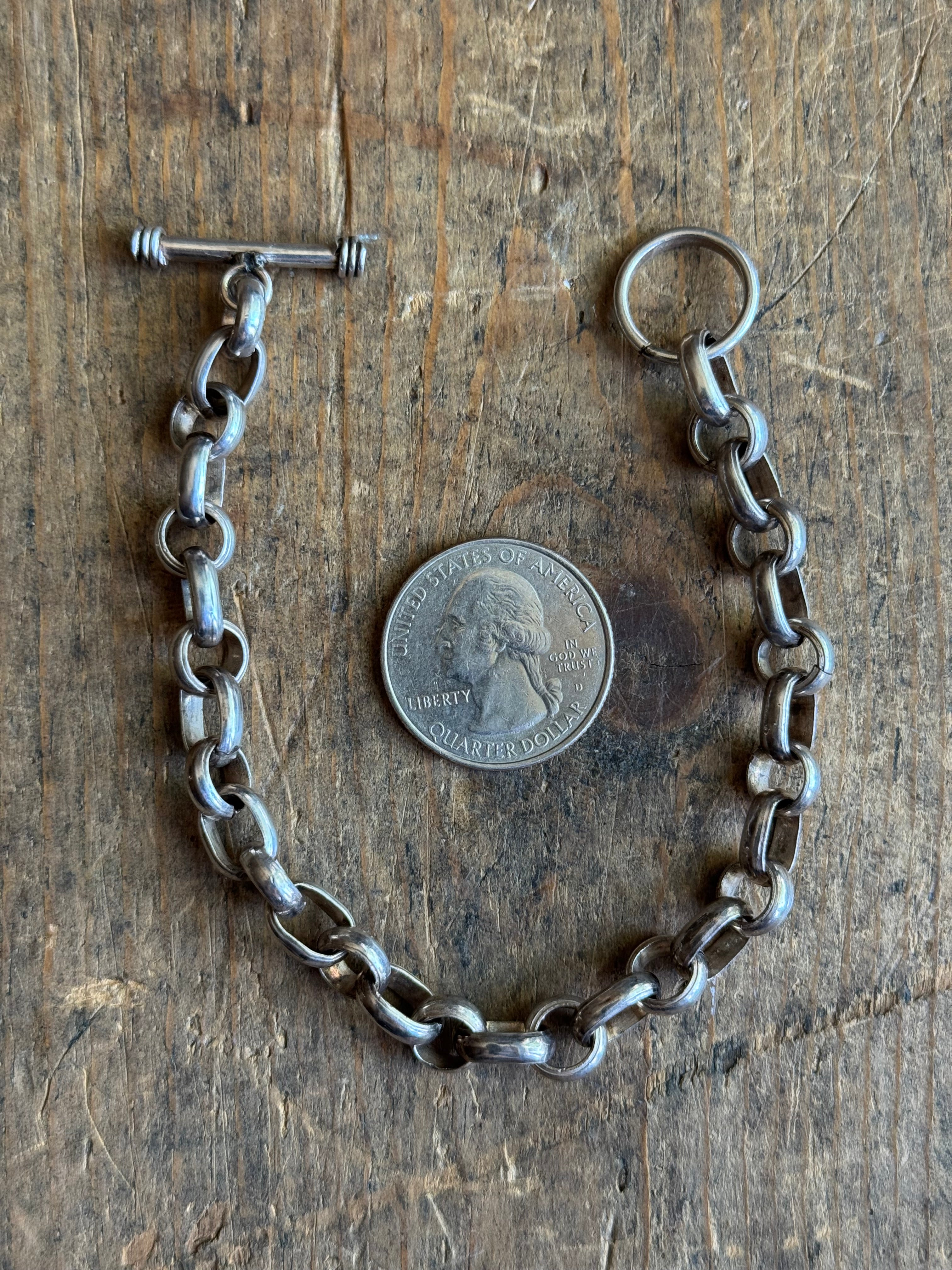 Vintage Sterling Silver Oval & Rolo Chain Toggle Bracelet 8"