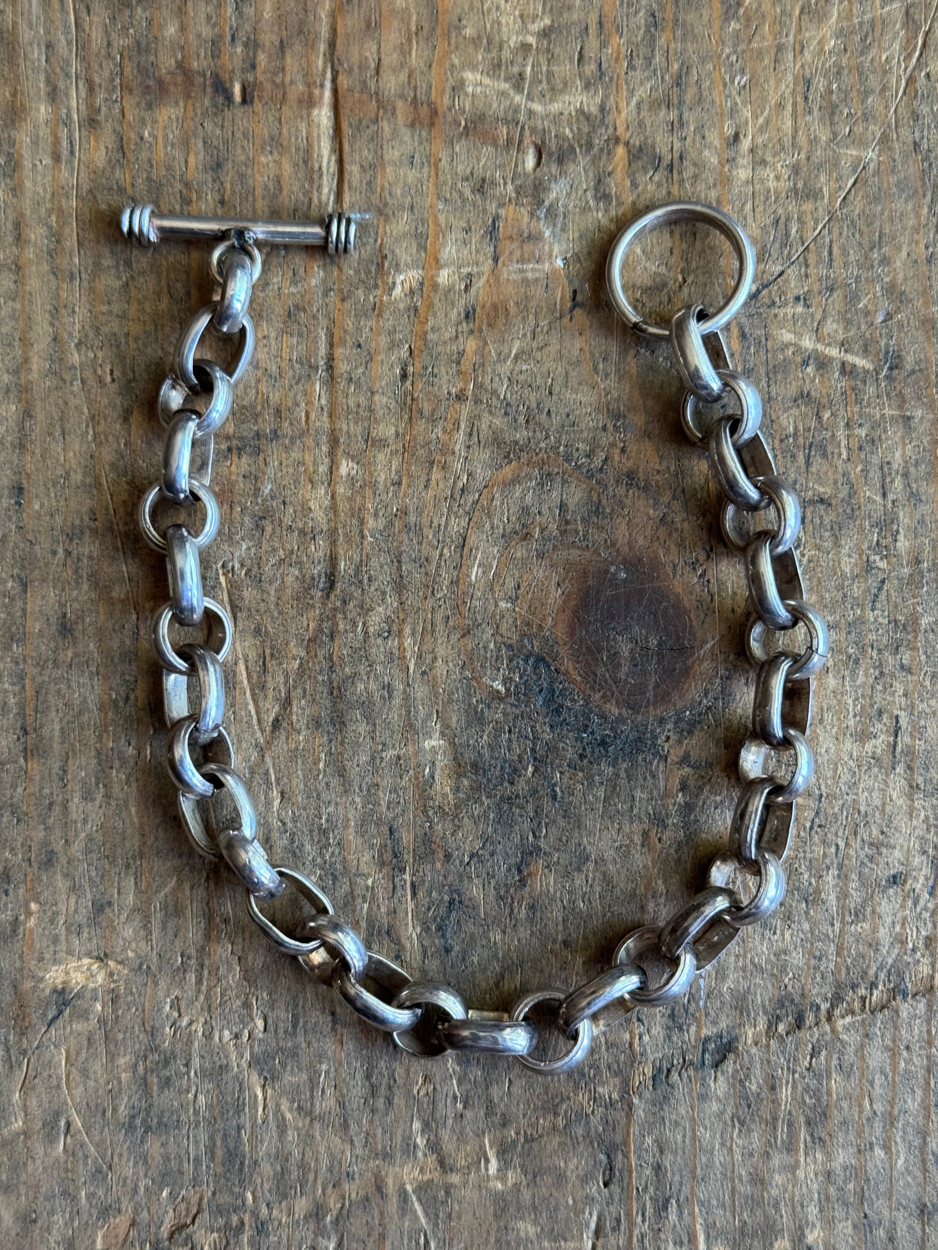Vintage Sterling Silver Oval & Rolo Chain Toggle Bracelet 8"