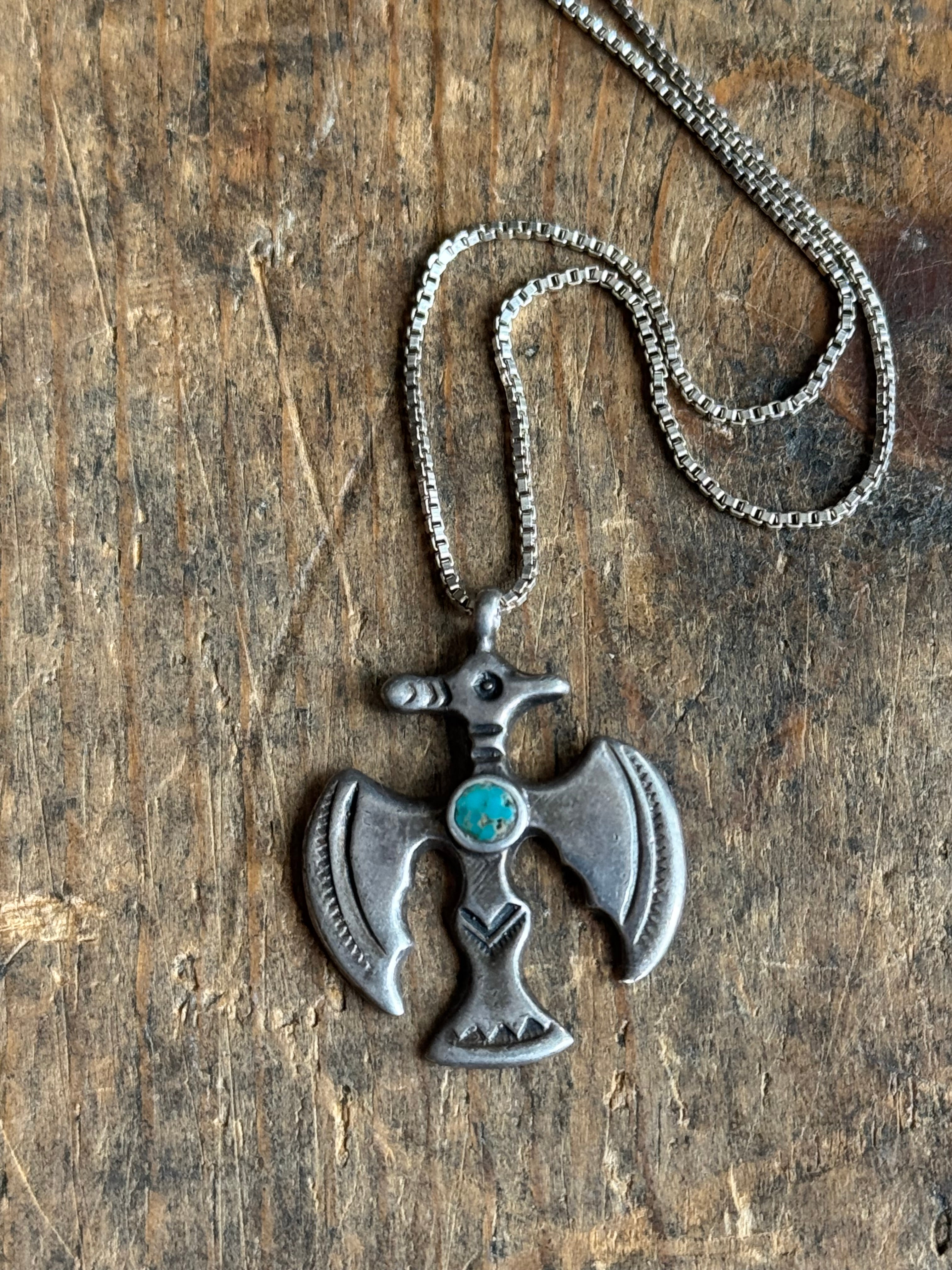 Vintage Sterling Silver Crushed Turquoise Inlay Thunderbird Necklace