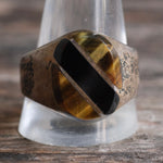 Vintage Sterling Tigers Eye and Onyx Inlay Striper Ring 13.5