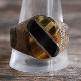 Vintage Sterling Tigers Eye and Onyx Inlay Striper Ring 13.5