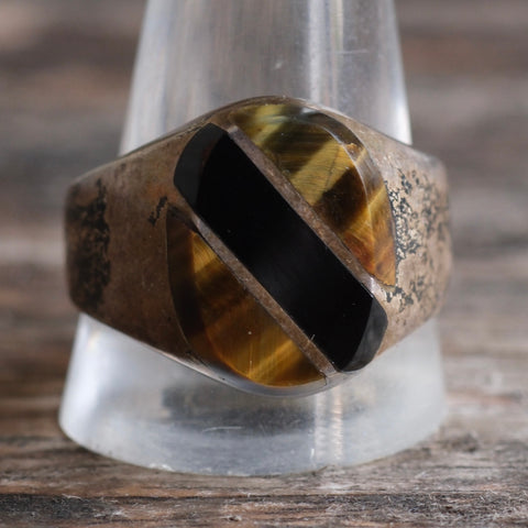 Vintage Sterling Tigers Eye and Onyx Inlay Striper Ring 13.5