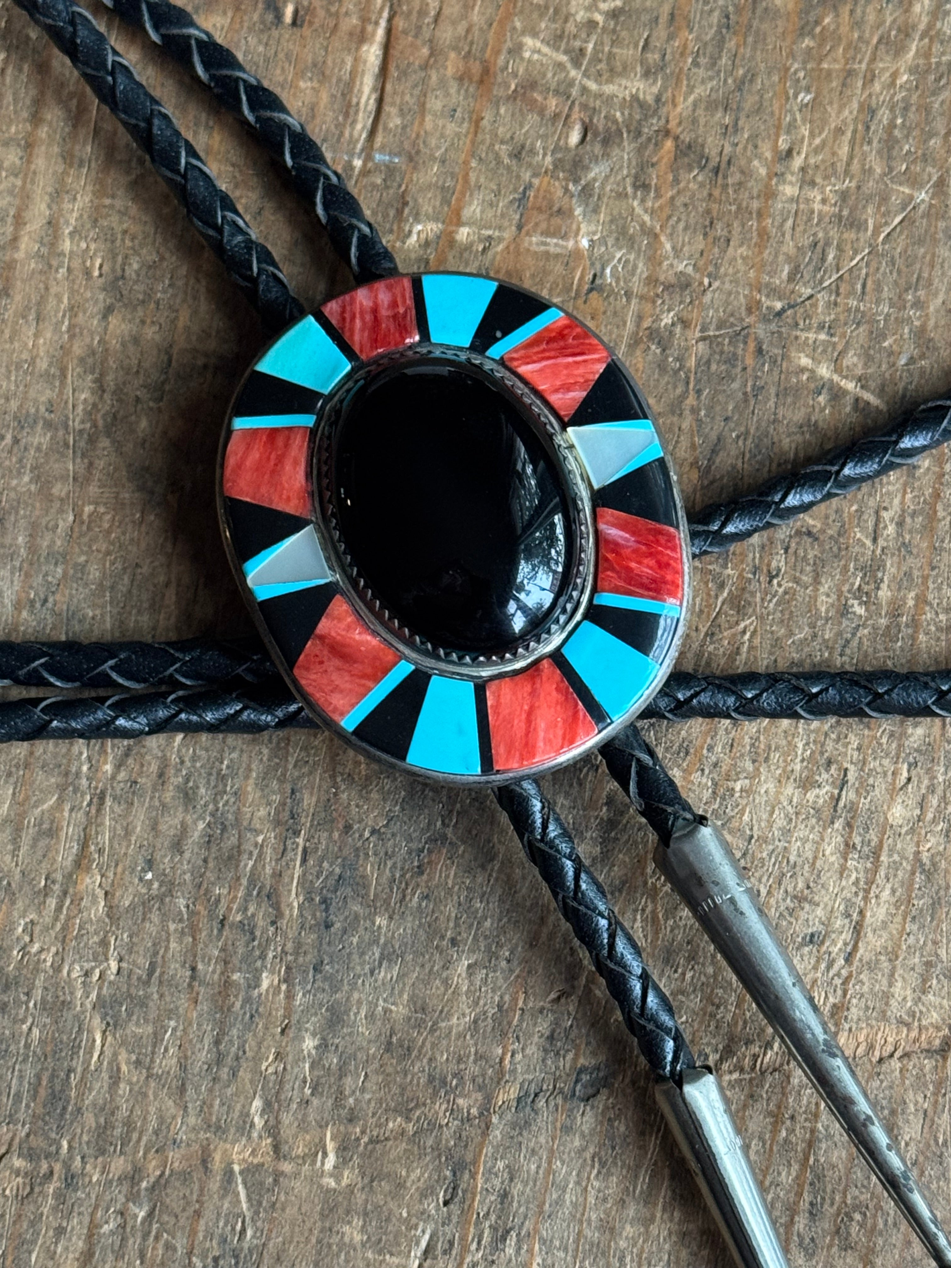 Vintage Sterling Silver Chunky Multistone Inlay Onyx Bolo