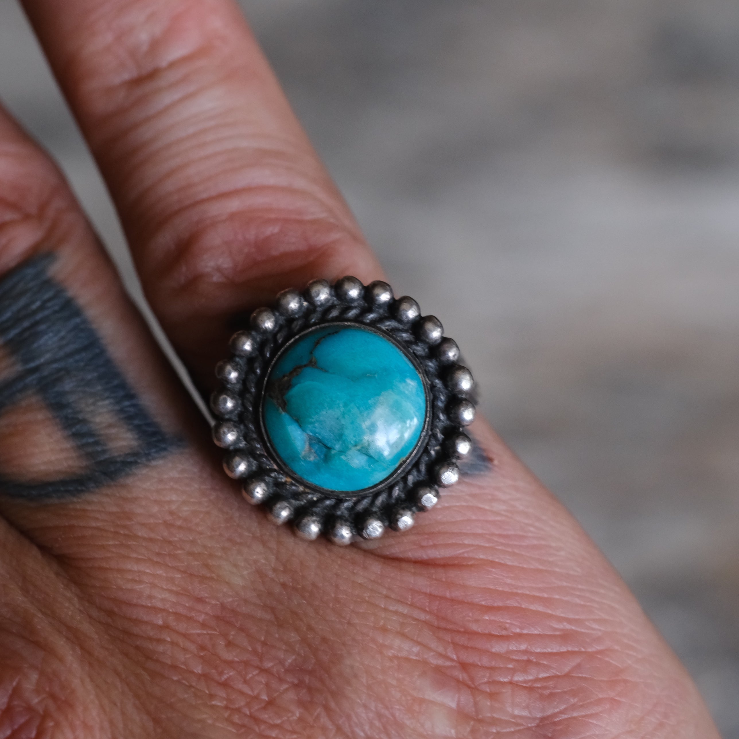 Vintage Sterling Turquoise Stamped Band Ring 8