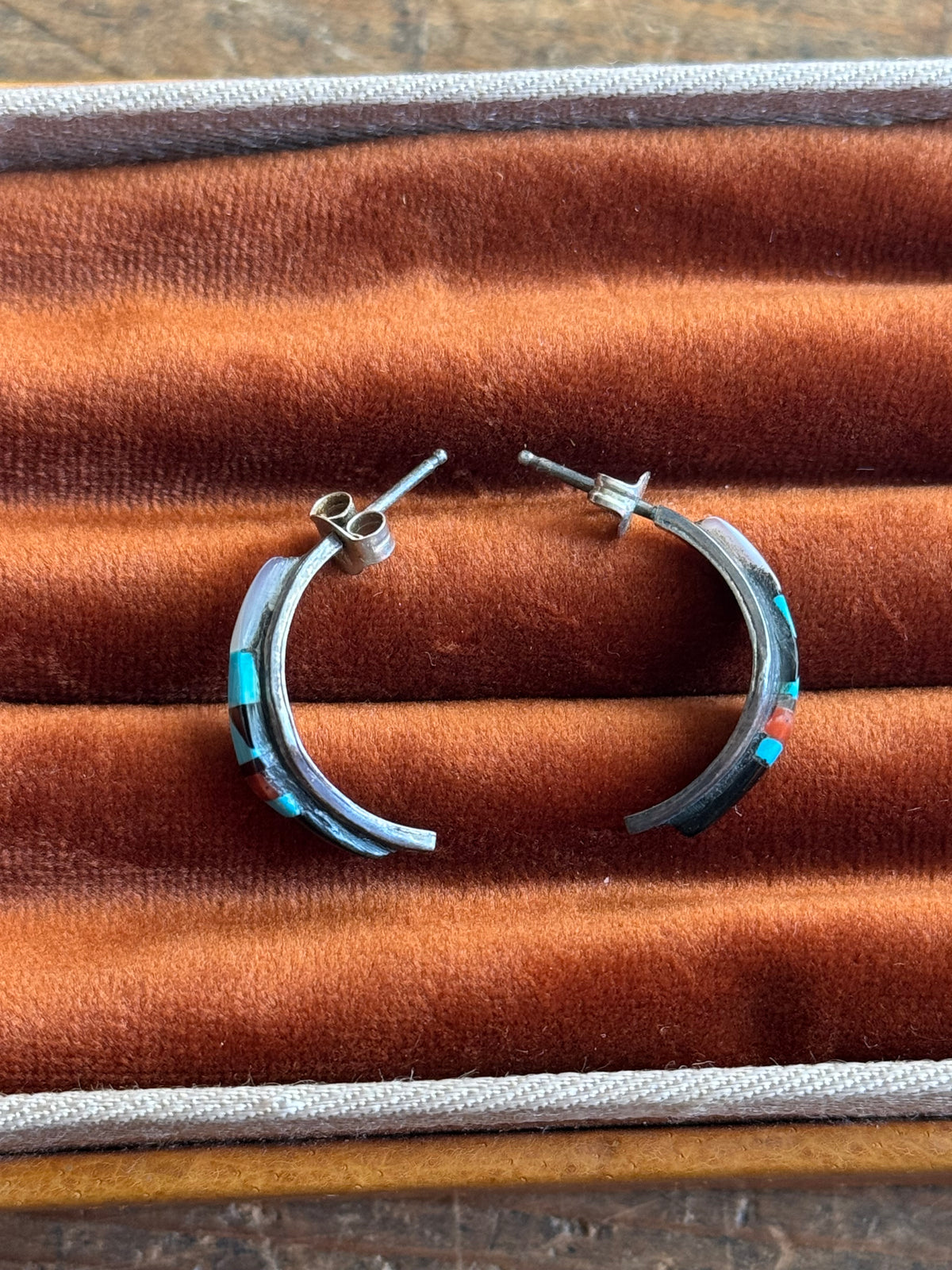 Vintage Sterling Silver Multistone Inlay Crescent Hoops