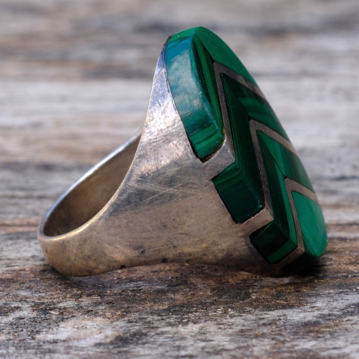 Vintage Sterling Malachite Inlay Ring 10