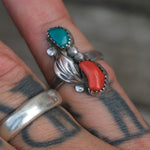 Vintage Sterling Turquoise and Coral Feather Ring 5