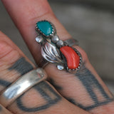 Vintage Sterling Turquoise and Coral Feather Ring 5