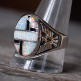 Vintage Sterling Opalite and Onyx Inlay Thunderbird Ring 12.25